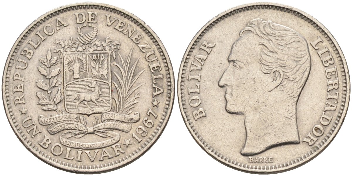 Венесуэла 1 боливар 1967 Симон Боливар KM 42 никель 4582-622