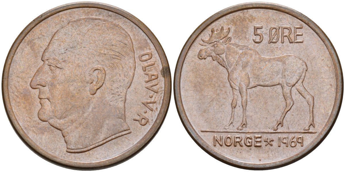 Норвегия 5 эре 1969 лось, Улаф V (1958-1991) KM 405 бронза UNC 4183-1236