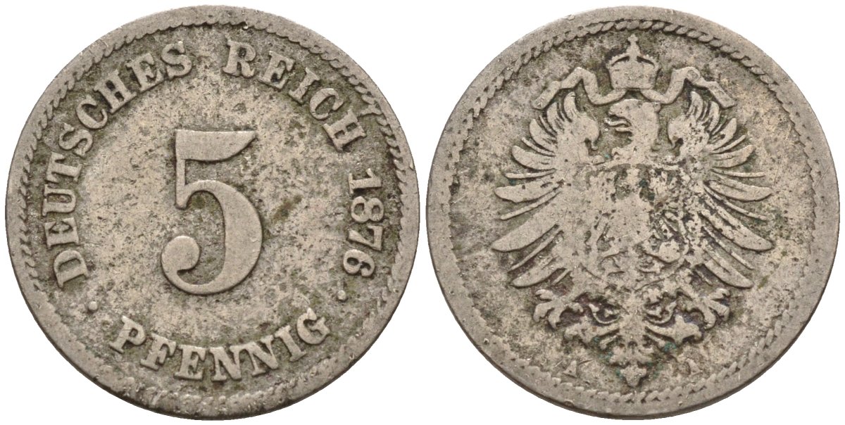 Германия 5 пфеннигов 1876 A, старогербовка KM 3, J. 3 медно-никель 4151-356