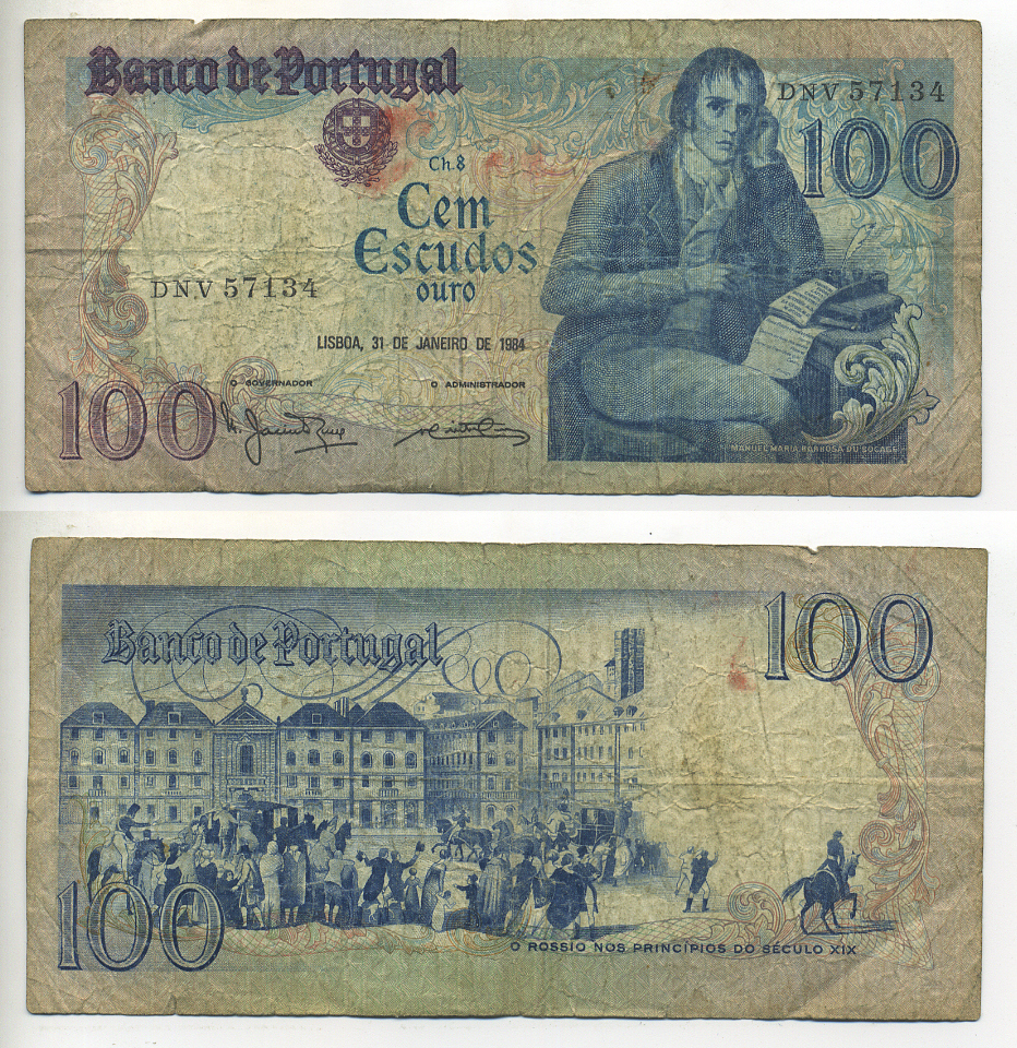 ПОРТУГАЛИЯ 100 ЭСКУДО 1984 31 ЯНВАРЯ 1984, МАНУЭЛЬ МАРИЯ БАРБОЗА ду БОГАЖЕ, ПОРТУГАЛЬСКИЙ ПОЭТ Pick 178с бумага 7553-1-2