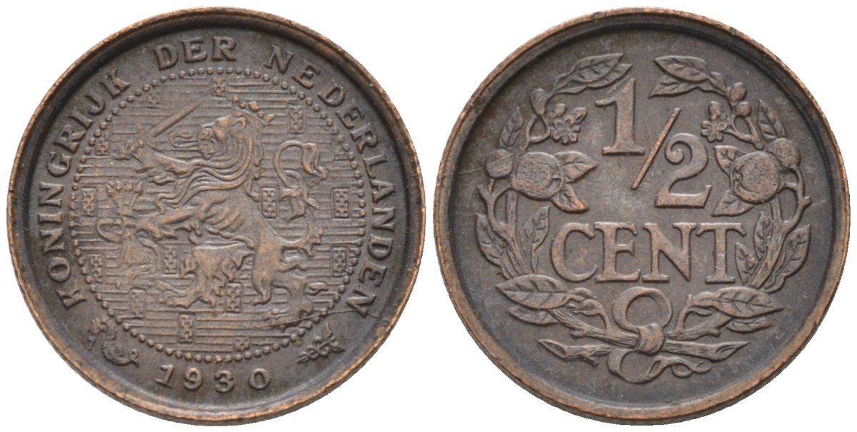 Нидерланды 1/2 цента 1930 Вильгельмина (1890-1948) KM 138 бронза 4576-439