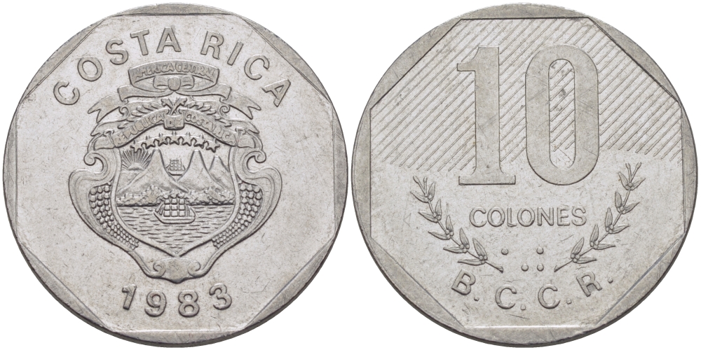 Коста-Рика 10 колонов 1983 B.C.C.R. KM 215.1 нержавеющая сталь 82-113