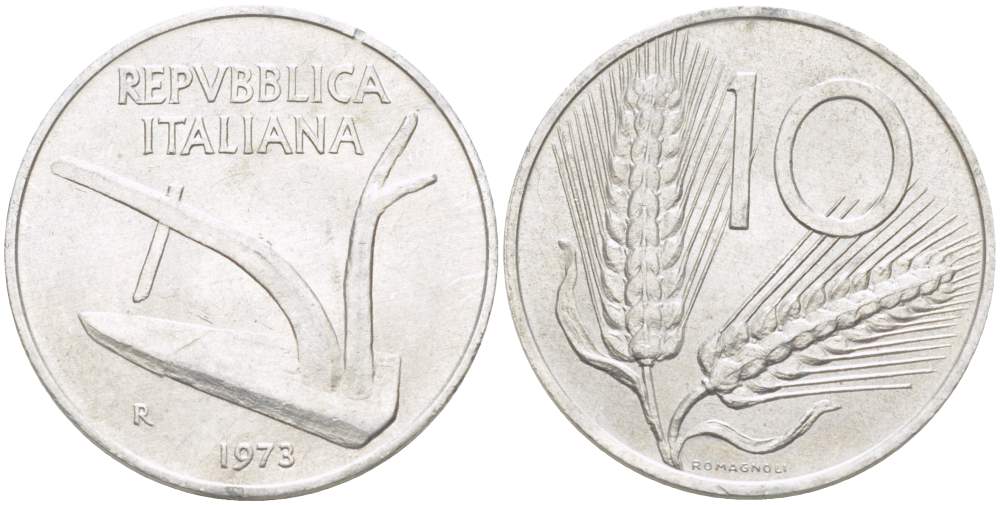 ИТАЛИЯ 10 ЛИР 1973 R, КОЛОСЬЯ, ПЛУГ KM 93 алюминий 4513-723