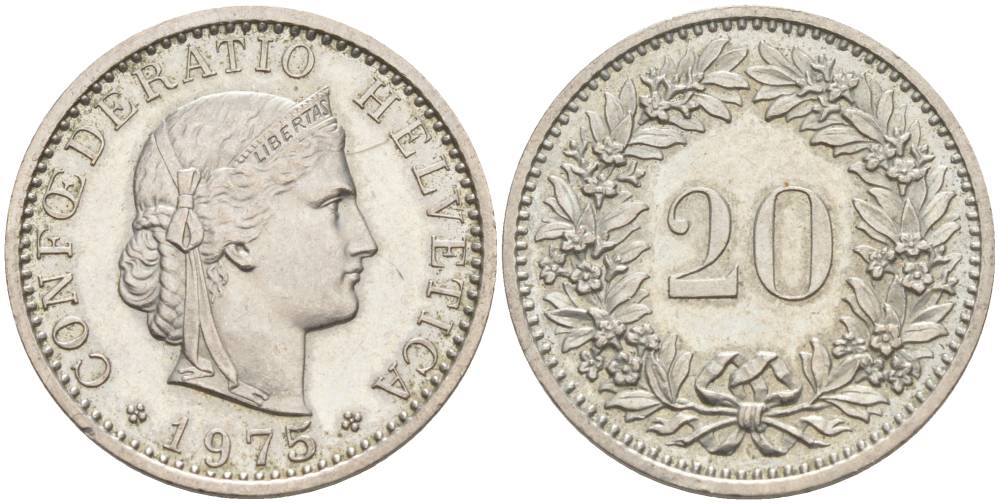 Швейцария 20 раппенов 1975 KM 29a медно-никель 55-944