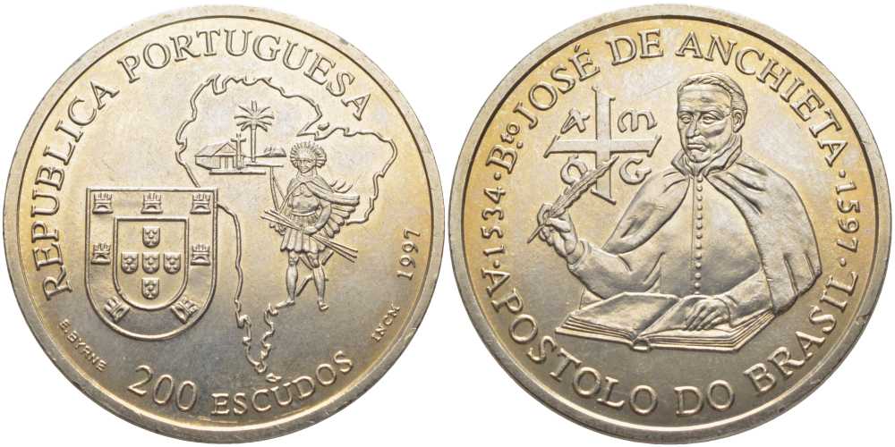 Португалия 200 эскудо 1997 400 лет со дня смерти Хосе де Анчьета KM 699 медно-никель UNC 107-1013