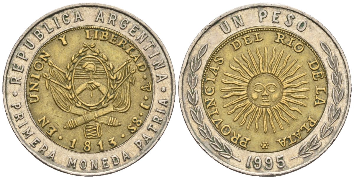 Аргентина 1 песо 1995 C, майское солнце, 8 эскудо 1813, малый герб KM 112.2, CJ 6.2.4, Schon 113 биметалл    60-457