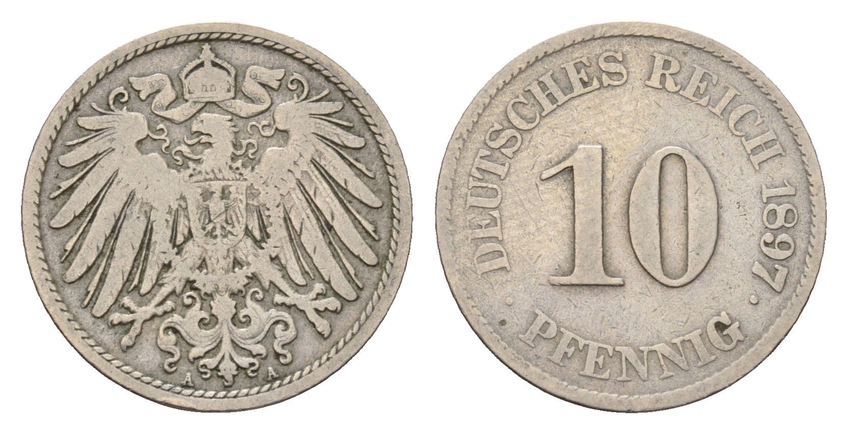 Германия 10 пфеннигов 1897 A, Вильгельм II (1888-1918) KM 12, J. 13 медно-никель 4636-1167