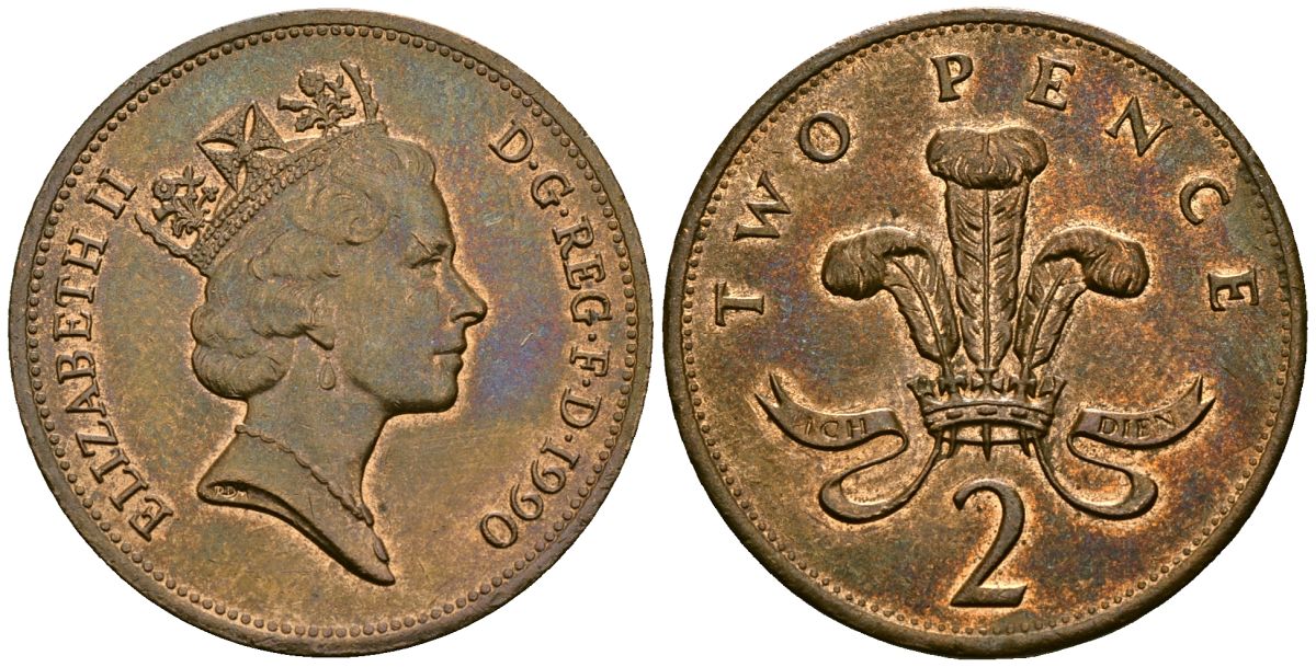 Великобритания 2 пенса 1990 Елизавета II (1952-2022) KM 936, Spink 4376 (C3) бронза 4607-842