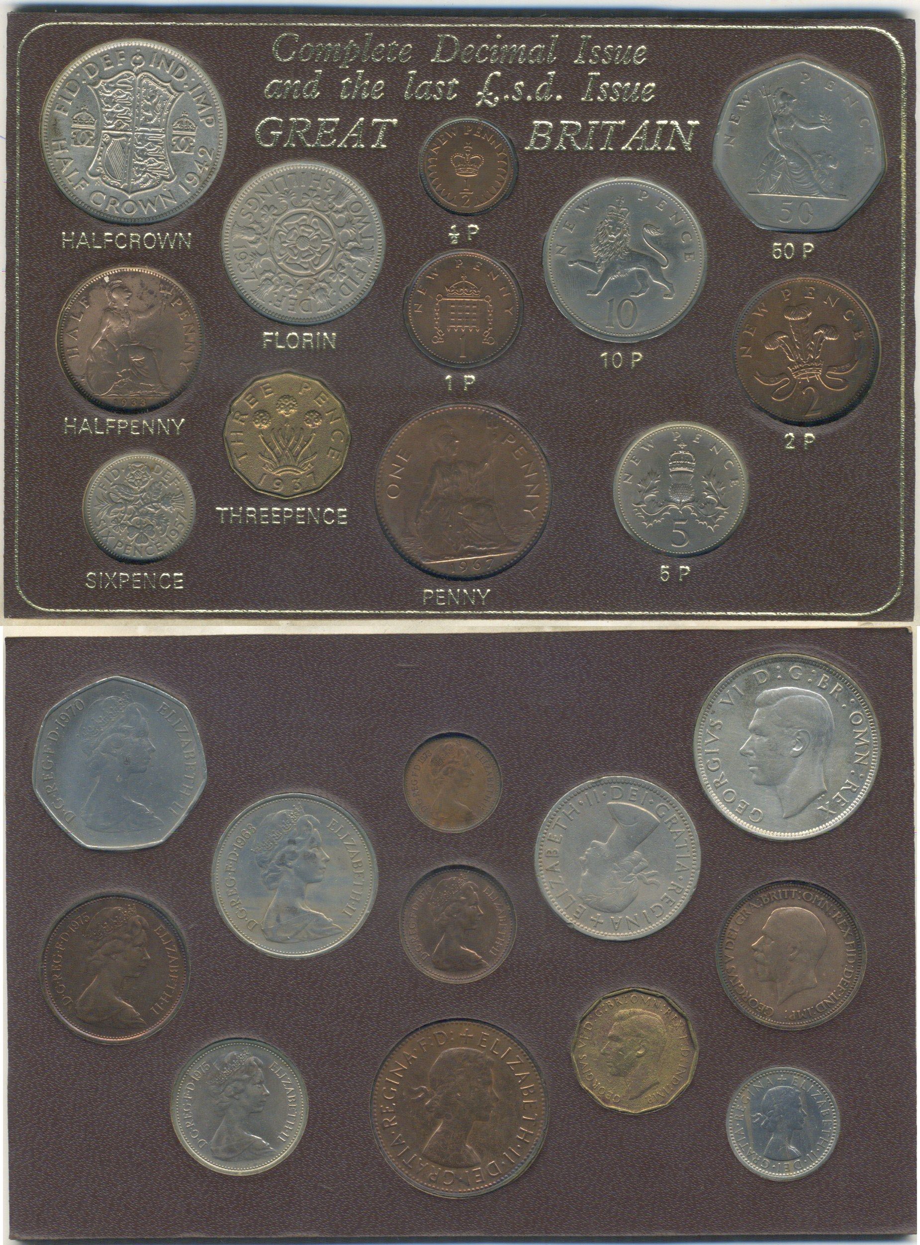Великобритания набор из 12 монет (1/2, 1, 2, 3, 5, 6, 10 и 50 пенсов; 1 флрин, 1/2 кроны) 1933-1978 набор посвящен переходу Великобритании на десятичную денежную систему 8-2-06-25