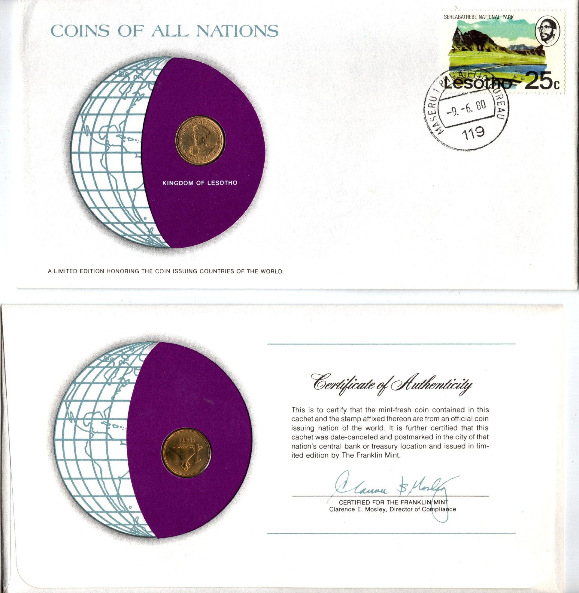 Лесото 1 сенте 1979 конверт с маркой первого дня гашения, Coins of Nations KM 16 никель латунь UNC 4294-8-2