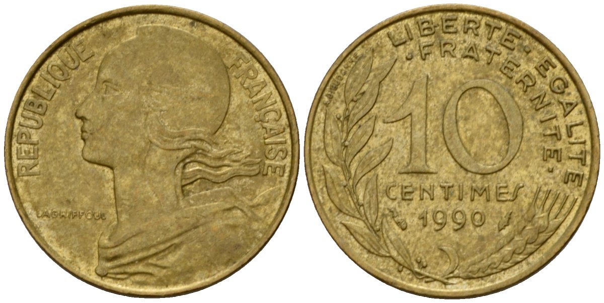 Франция 10 сантимов 1990 тип Marianne KM 929 алюминиевая бронза 4390-612
