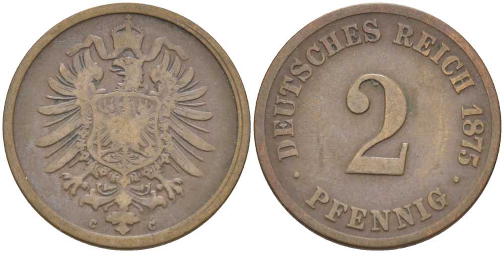 ГЕРМАНИЯ 2 ПФЕННИГА 1875 С, СТАРОГЕРБОВКА KM 2, J. 2, Weege 3 медь 212-525