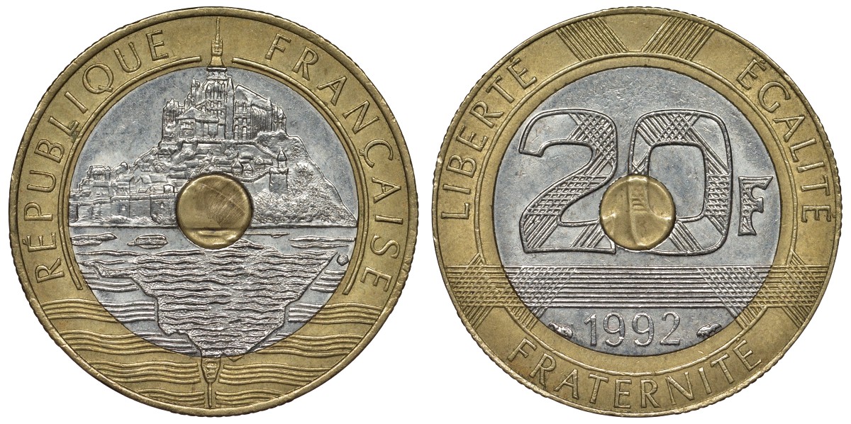 Франция 20 франков 1992 Мон-Сен-Мишель KM 1008.2, Le Franc 403.2 триметалл 4123-643