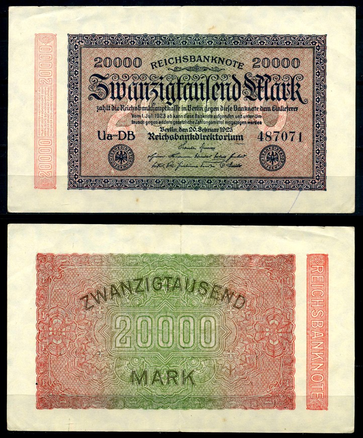 Германия 20000 марок 1923 20 февраля 1923, в/з кружки, номер шестизначный Pick 85, Розенберг 84b бумага 8617-39-1-1