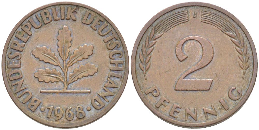 ФРГ 2 ПФЕННИГА 1968 J KM 106а, J. 381а сталь плакированная сталь плакированная медьюю 4181-754