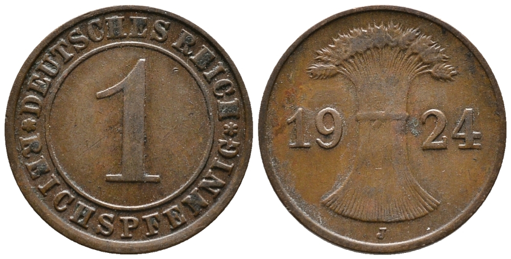 ГЕРМАНИЯ 1 РЕЙХСПФЕННИГ 1924 J KM 37, J. 313 бронза 39-849