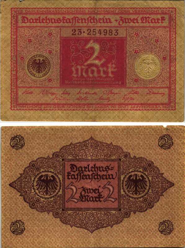 ГЕРМАНИЯ 2 МАРКИ 1920 1 МАРТА 1920, ВЕЙМАРСКАЯ РЕСПУБЛИКА, КРАСНАЯ, СЕРИЯ 23 Pick 59, Rosenberg 65b бумага 7219-14-2-1