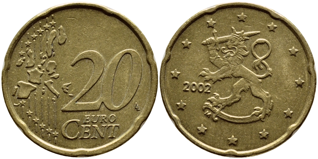 ФИНЛЯНДИЯ 20 ЕВРОЦЕНТОВ 2002 M KM 102 латунь 63-712
