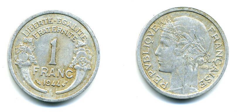 ФРАНЦИЯ 1 ФРАНК 1944 ТИП MORLON, LEGERE KM 885а.1, LE FRANC 221.3 алюминий 45-913