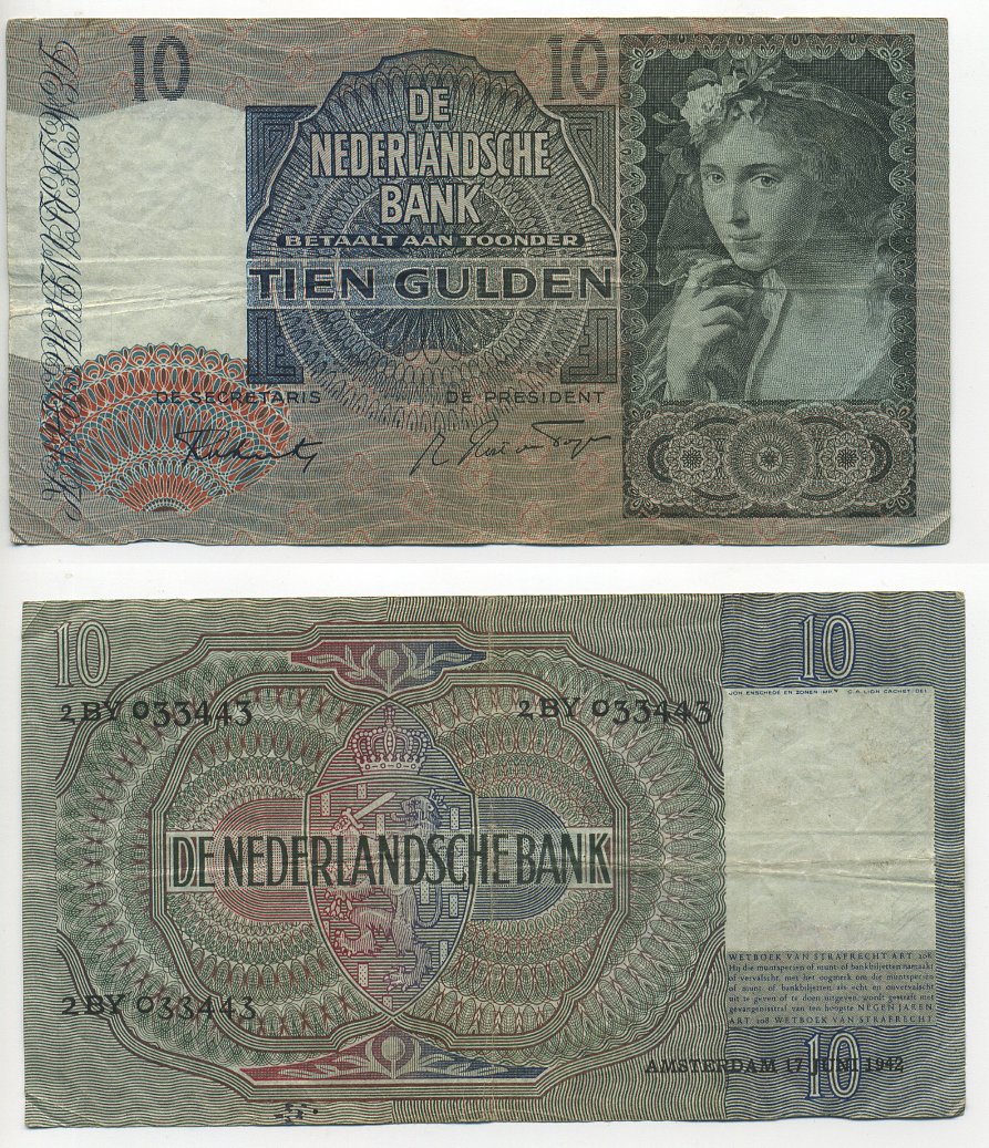НИДЕРЛАНДЫ 10 ГУЛЬДЕНОВ 1942 Pick 56b бумага 6301-2-3