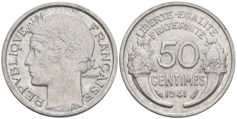 ФРАНЦИЯ 50 САНТИМОВ 1941 ТИП MORLON LOURDE KM 894.1a, LE FRANC 193.2 алюминий 44-325