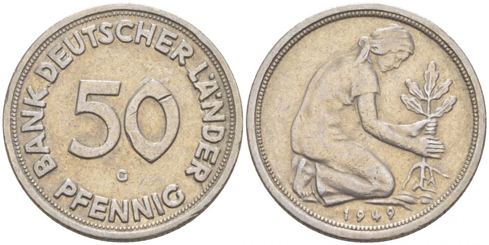 ФРГ 50 пфеннигов 1949 G KM 104, J. 379 медно-никель 112-945
