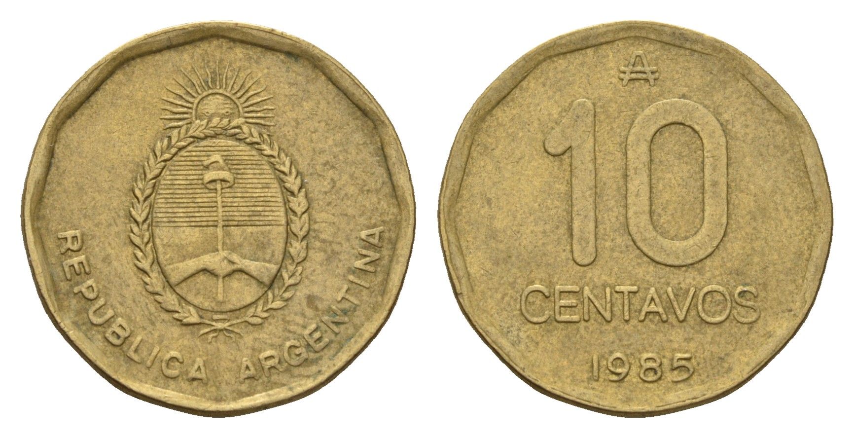 Аргентина 10 сентаво 1985 герб KM 98 латунь 4702-526