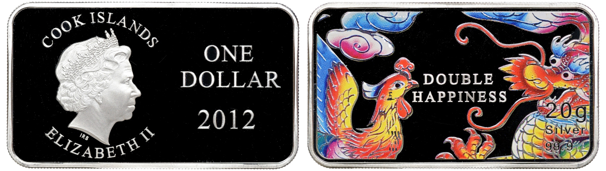 Острова Кука 1 доллар 2012 год дракона, двойного счастья, цветная эмаль KM NEW серебро PROOF 11-170-35