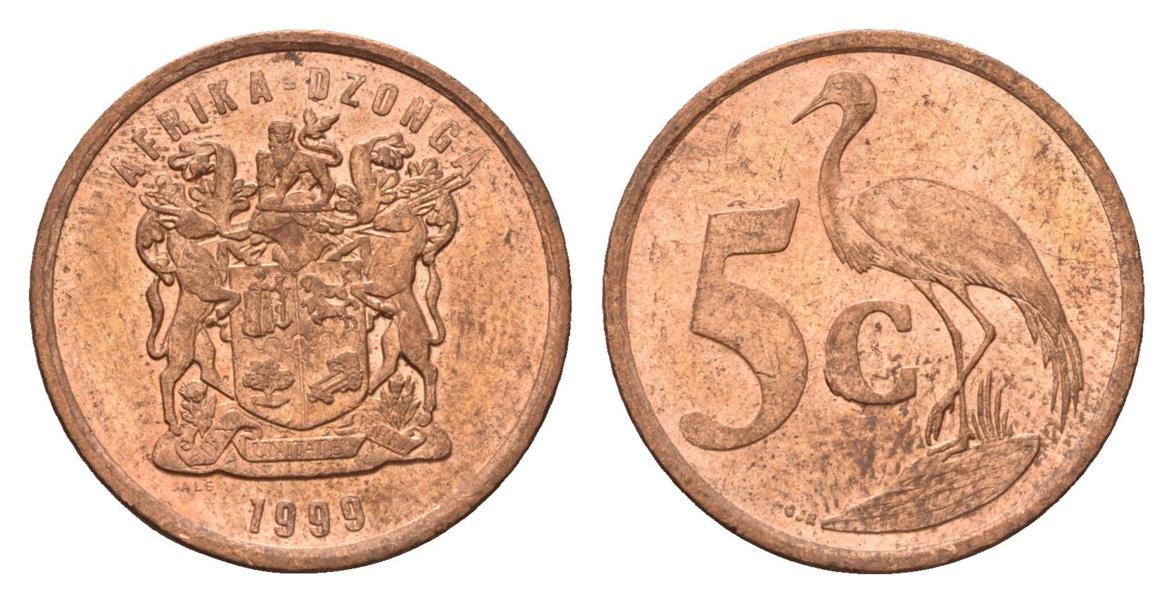 ЮАР 5 центов 1999 герб, райский журавль KM 160 сталь плакированная медью UNC 4687-228