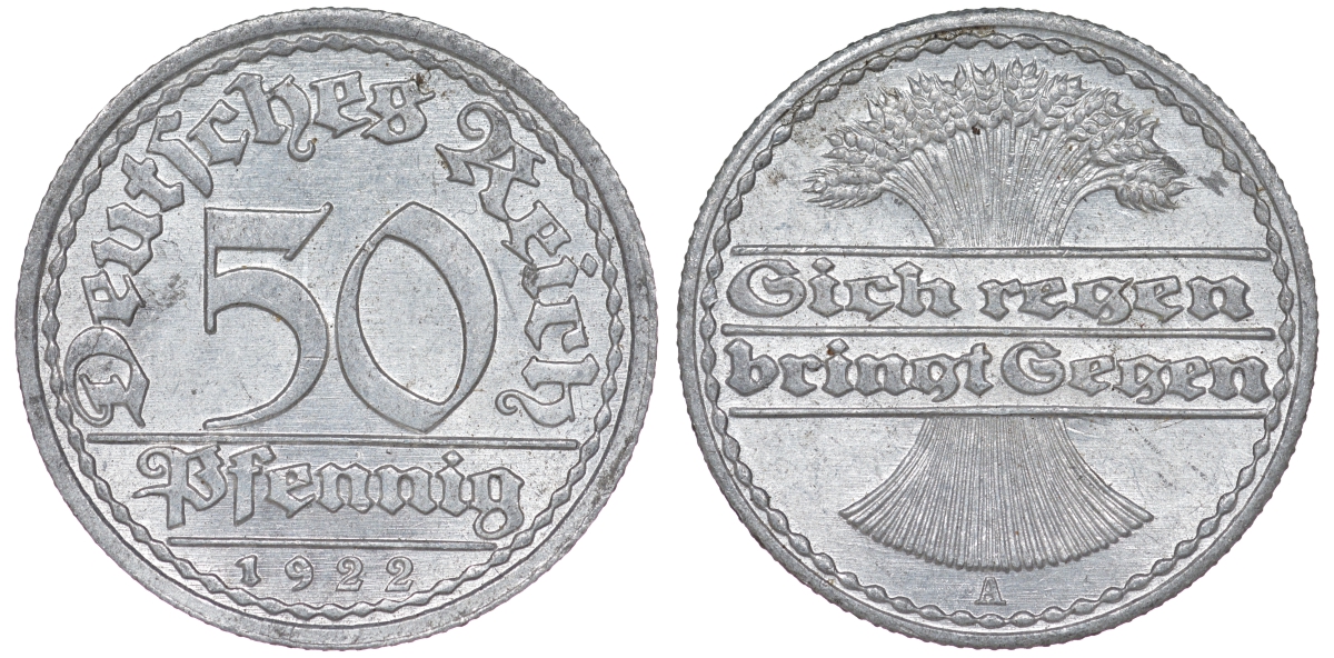 Германия 50 пфеннигов 1922 A KM 27, J. 301 алюминий 4148-712