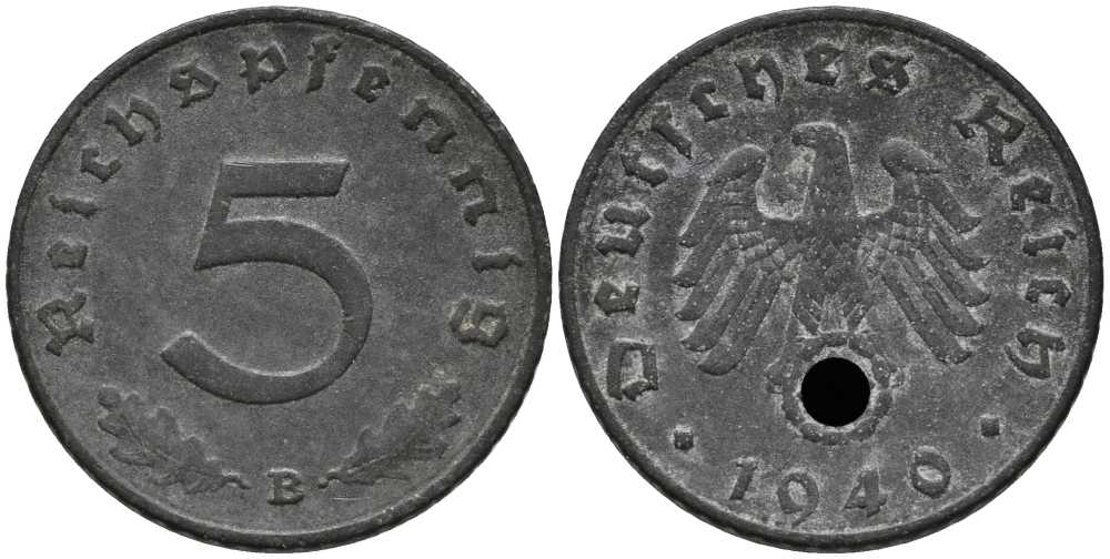 ГЕРМАНИЯ 5 РЕЙХСПФЕННИГОВ 1940 В KM 100, J. 370 цинк 112-714