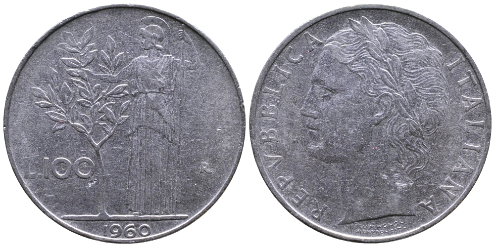 ИТАЛИЯ 100 ЛИР 1960 R, АФИНА KM 96.1 сталь 3334-933