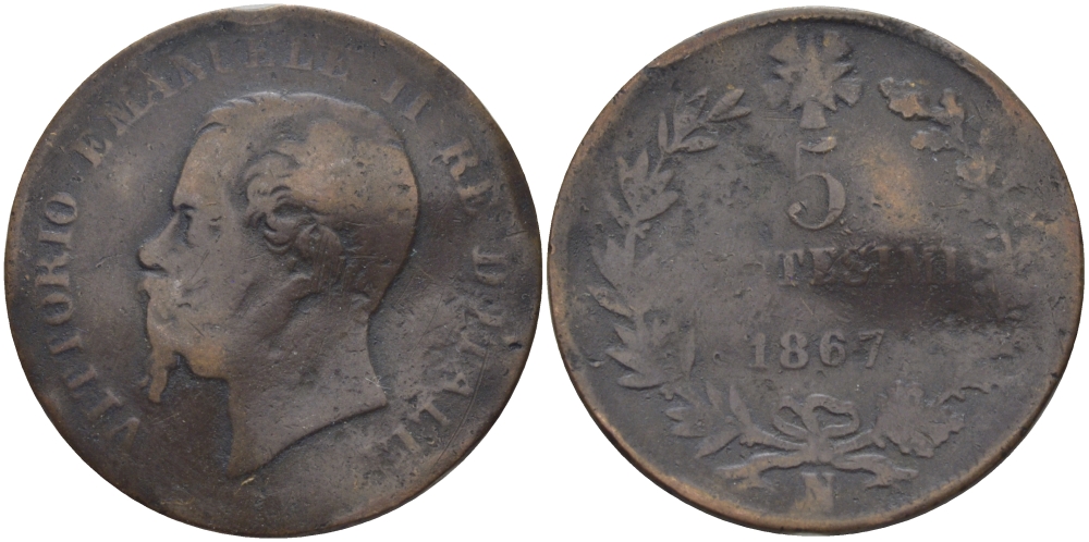 ИТАЛИЯ 5 ЧЕНТЕЗИМО 1867 N, ВИКТОР ИМАНУИЛ II KM 3.3 медь 28-111