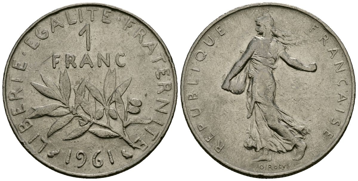 Франция 1 франк 1961 сеятель KM 925 никель 4135-815