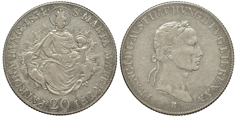 Венгрия 20 крейцеров 1834 В, Фердинанд I (1835-1848), мадонна с младенцем KM 415.3 серебро 413-3712