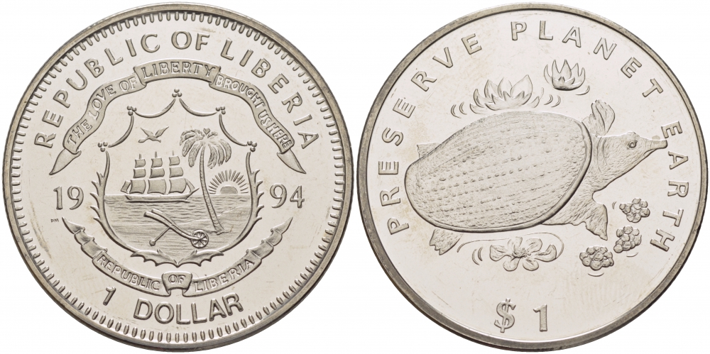 ЛИБЕРИЯ 1 ДОЛЛАР 1994 ЧЕРЕПАХА KM 124 медно-никель UNC 261-125