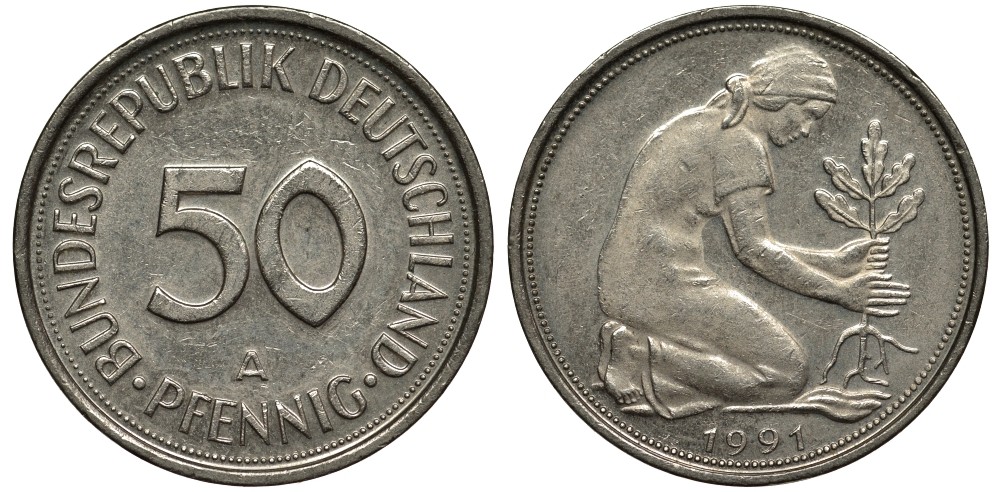 ФРГ 50 пфеннигов 1991 А, монетный двор Берлин KM 109.2, J. 384а медно-никель 186-833