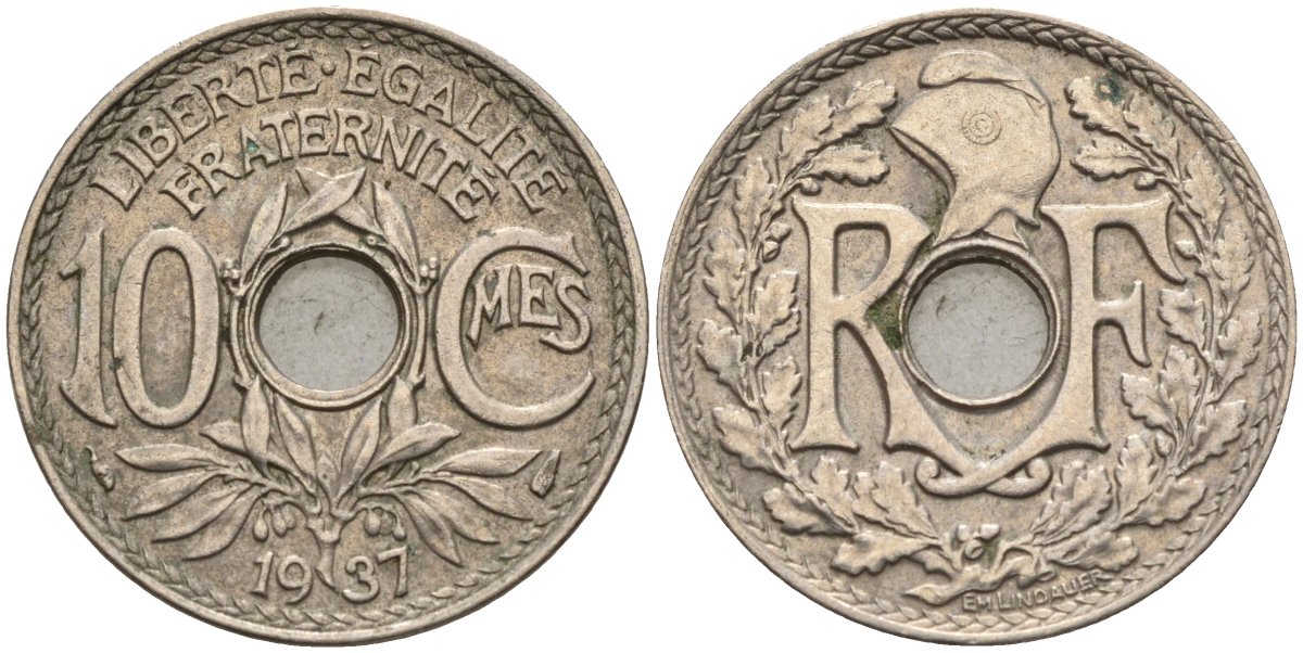 Франция 10 сантимов 1937 KM 866a, Le Franc 138.3 медно-никель 4143-1043