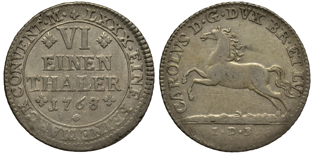 Брауншвейг-Вольфенбюттель 1/6 талера 1768 IDB, вес 5,16 гр. KM 971 серебро 413-2123