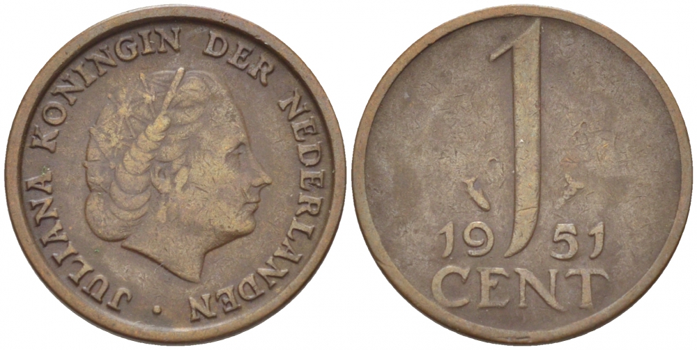 Нидерланды 1 цент 1951 Юлиана (1948-1980) КМ 180 бронза 3457-1142