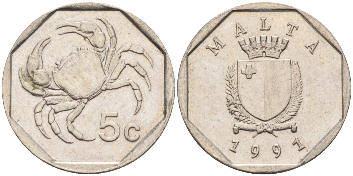 Мальта 5 центов 1991 краб KM 95 медно-никель 4588-118