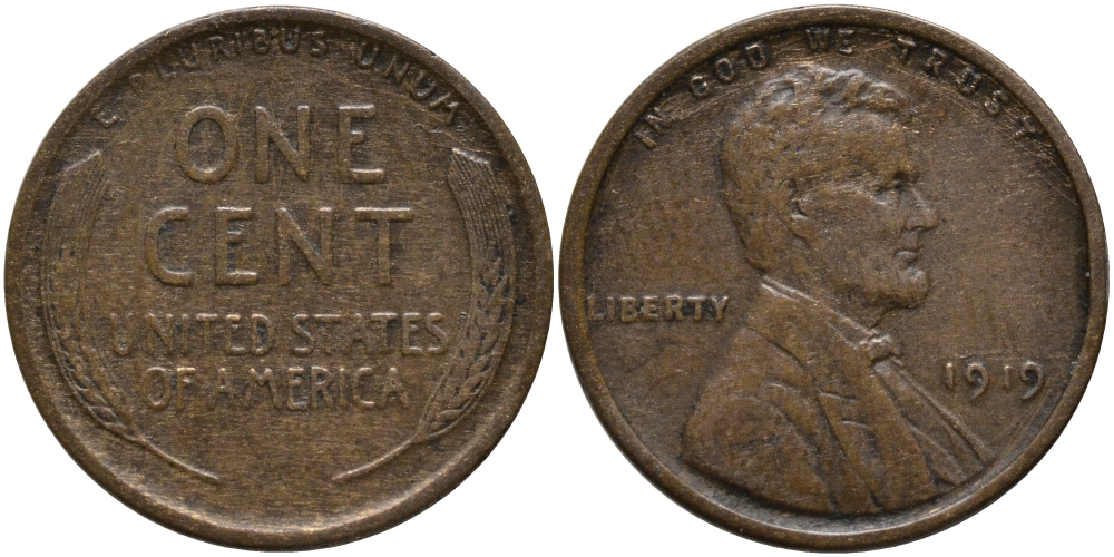 США 1 ЦЕНТ 1919 ЛИНКОЛЬН KM 132 бронза 4396-568