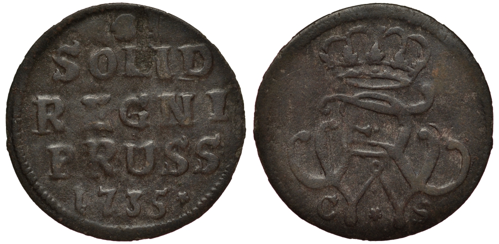 ПРУССИЯ 1 ШИЛЛИНГ 1735 CS, ФРИДРИХ ВИЛЬГЕЛЬМ I (1713-1740), ВЕС 0,62 ГР. KM 212 серебро 1516-441