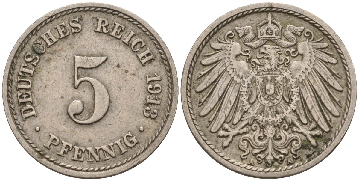 Германия 5 пфеннигов 1913 A KM 11, J. 12 медно-никель 4151-538
