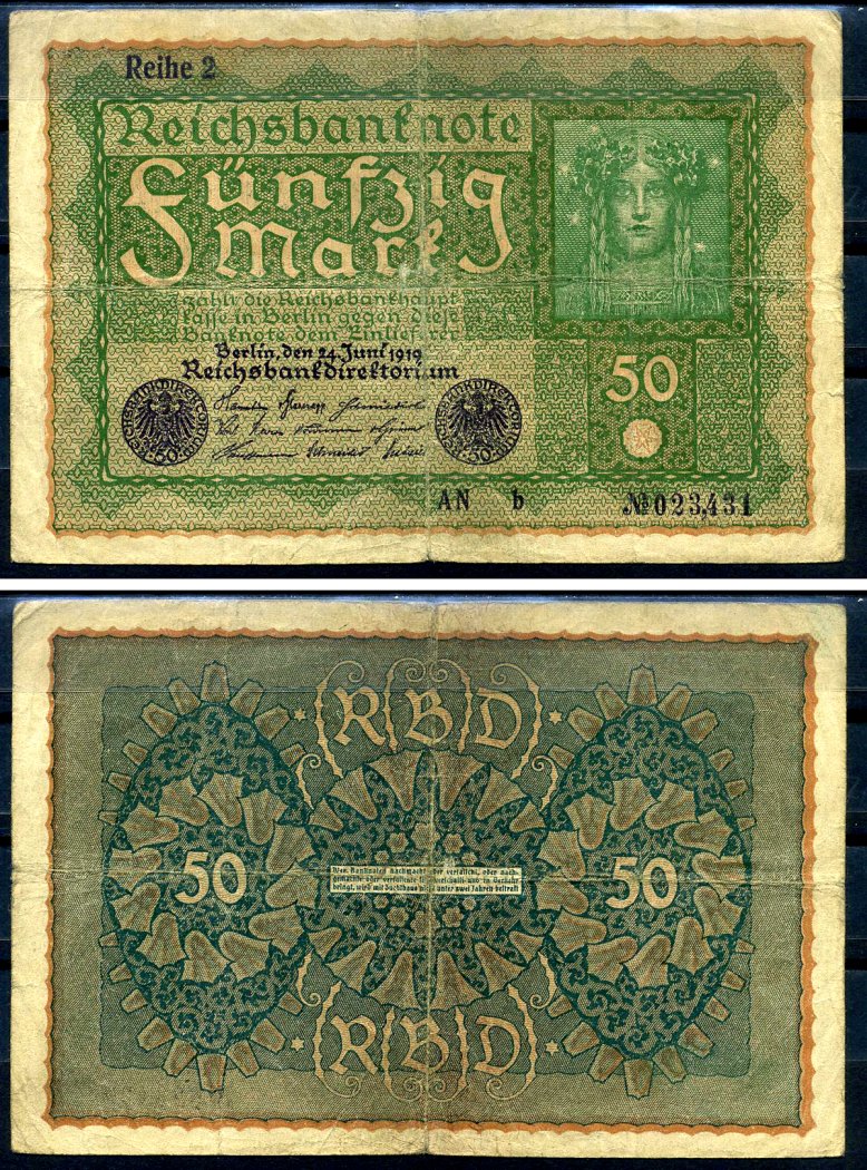 Германия 50 марок 1919 24 июня 1919, reihe I, серия AN, выпуск с декабря 1919 года Pick 66 (2), Rosenberg 62b бумага 8619-28-1-2