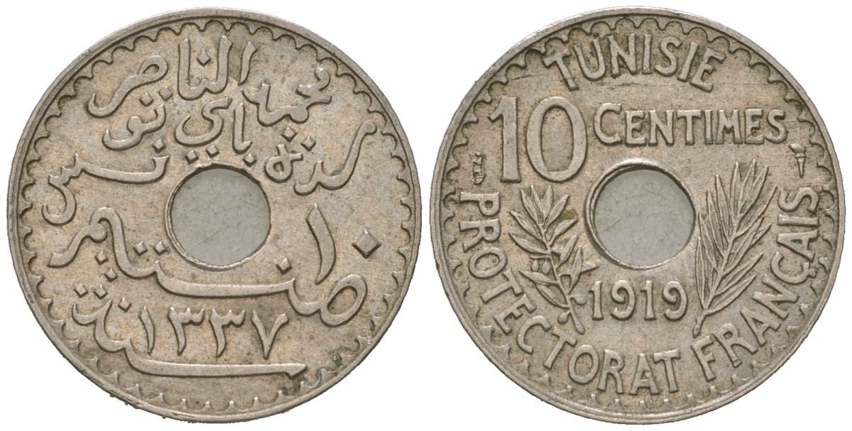 Тунис 10 сантимов 1919 АН 1337, Французский протекторат (1890-1959) KM 243 никель латунь aUNC 4615-536
