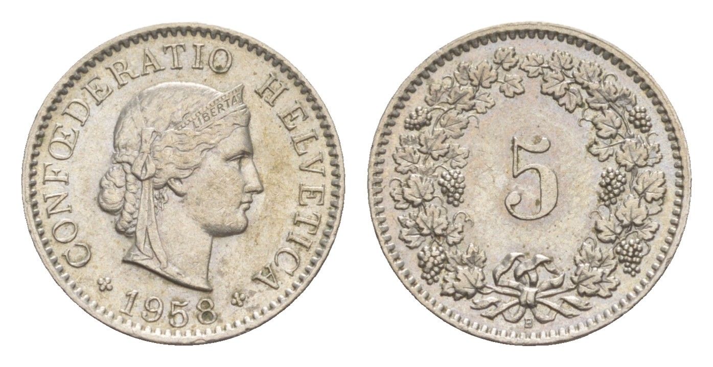 Швейцария 5 раппенов 1958 B KM 26 медно-никель 4643-336