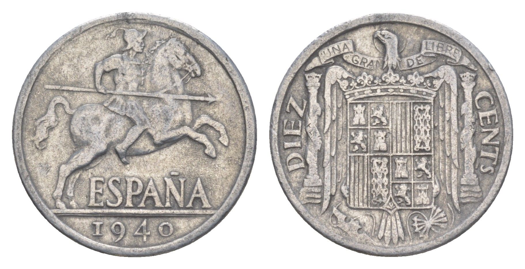 Испания 10 сентимо 1940 рыцарь на коне, Франсиско Франко (1939-1975) KM 766 алюминий 4619-1113