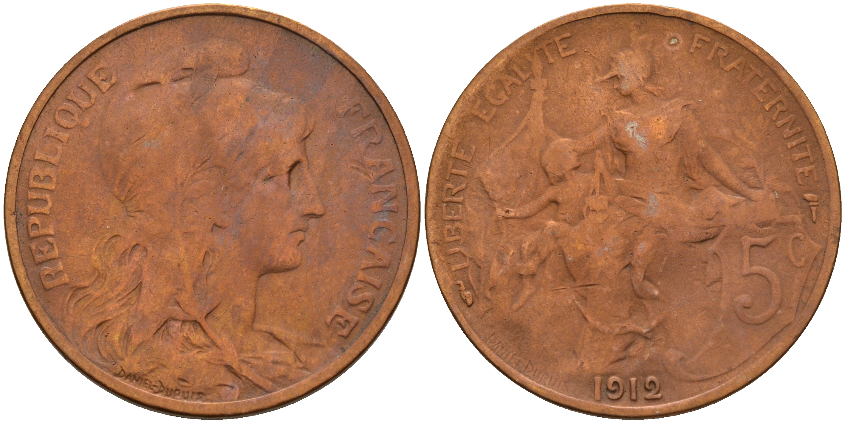 Франция 5 сантимов 1912 тип Дюпюи KM 842 бронза 4116-437