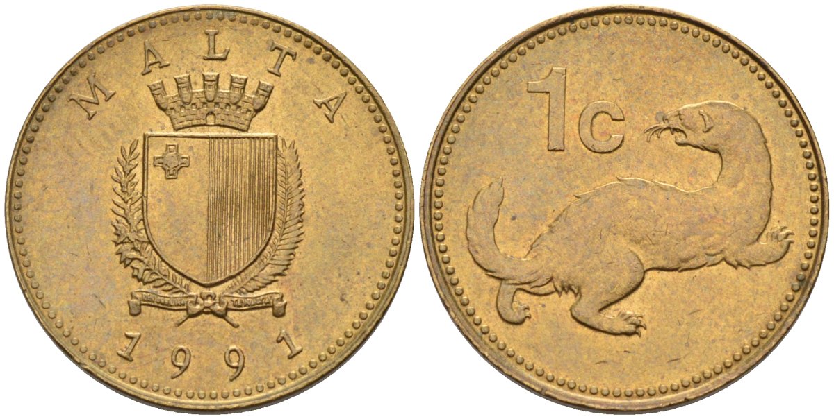 Мальта 1 цент 1991 ласка, горностай KM 93 никель латунь 4516-336